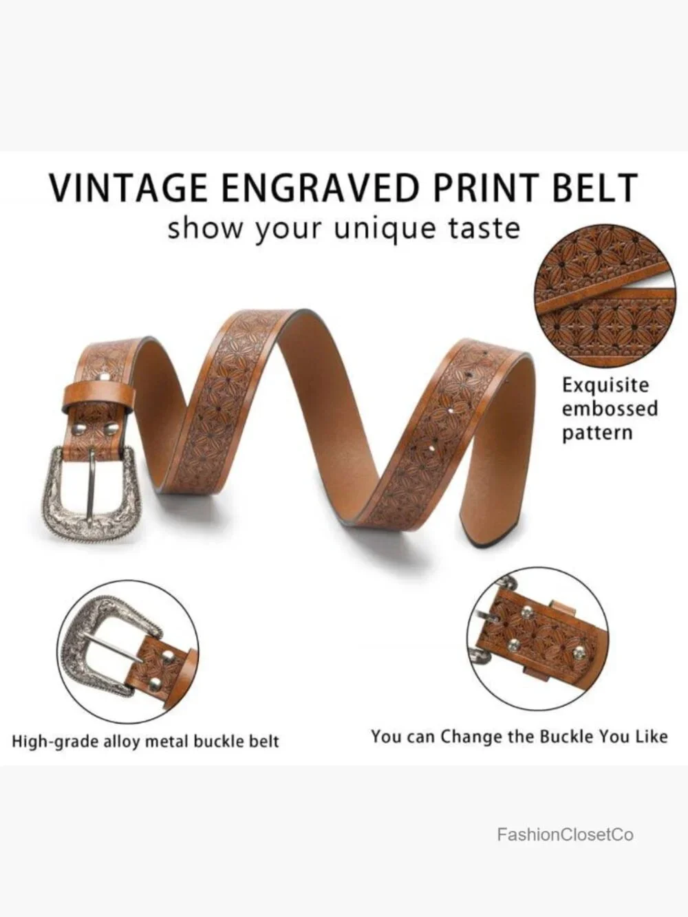 Western Cowgirl PU Leather Belt with Vintage Carved Buckle for Jeans